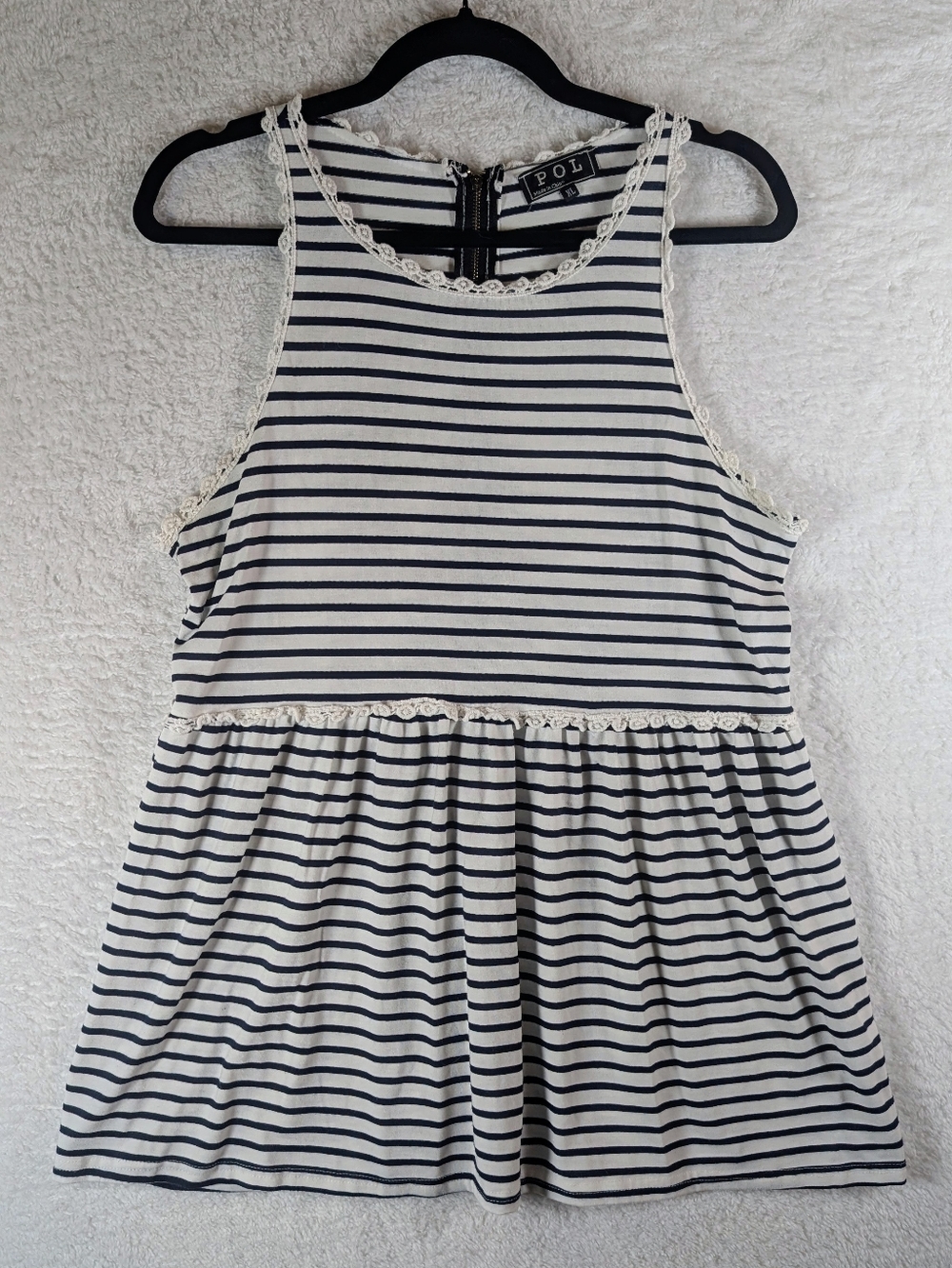 683-POL Navy & White Striped Lace-Trim Tank Dress